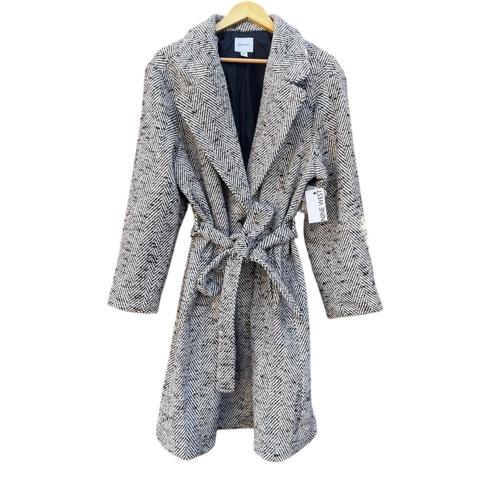 Nine West SZ XXL Black and White Herringbone Long Dress Coat w/ Waist Tie